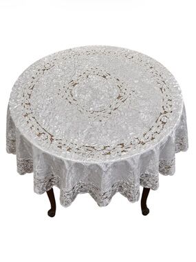 Vintage white satin floral lace round tablecloth and napkin set 72”